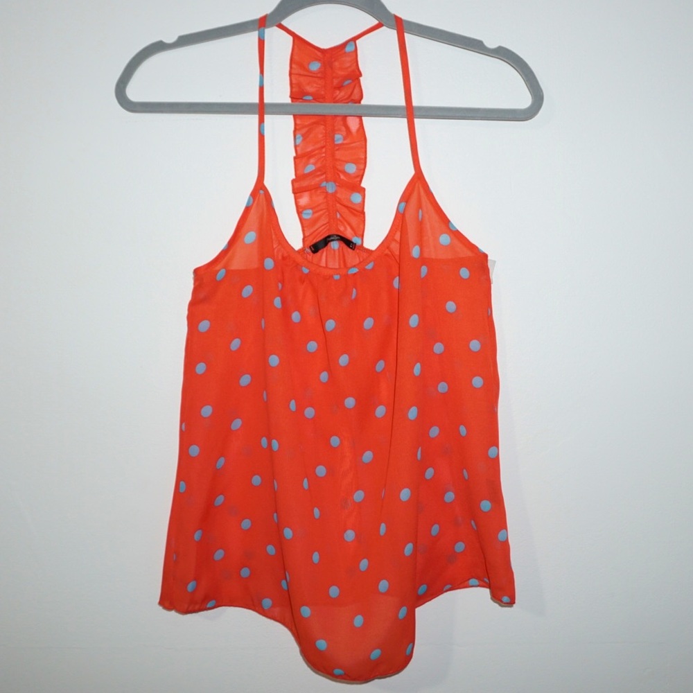 PAPAYA orange and blue polka dot sleeveless sheer blouse. Size M. GATORS.